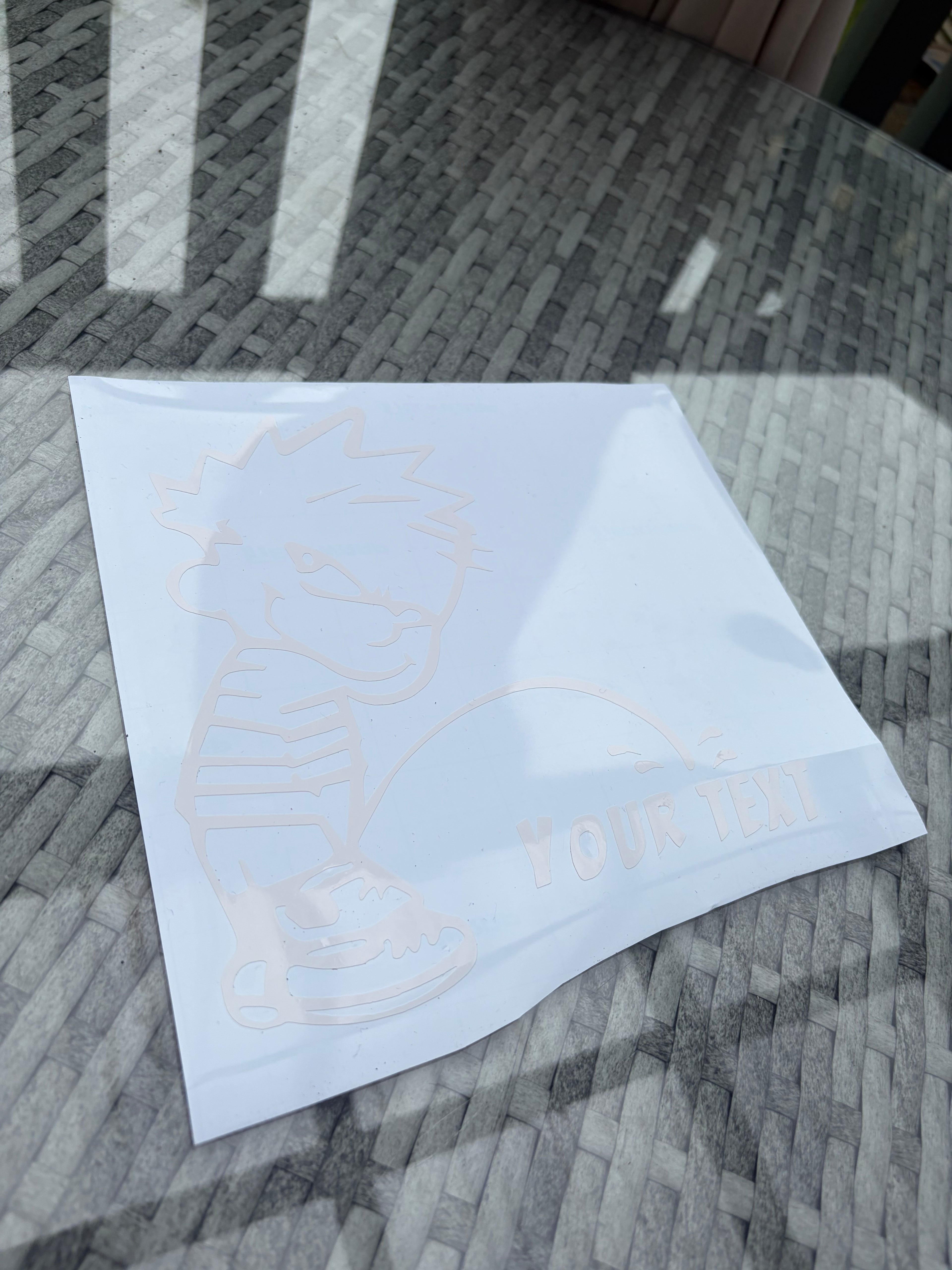 Window Sticker Small Peeing Calvin Custom Text (ADD TEXT TO NOTES)