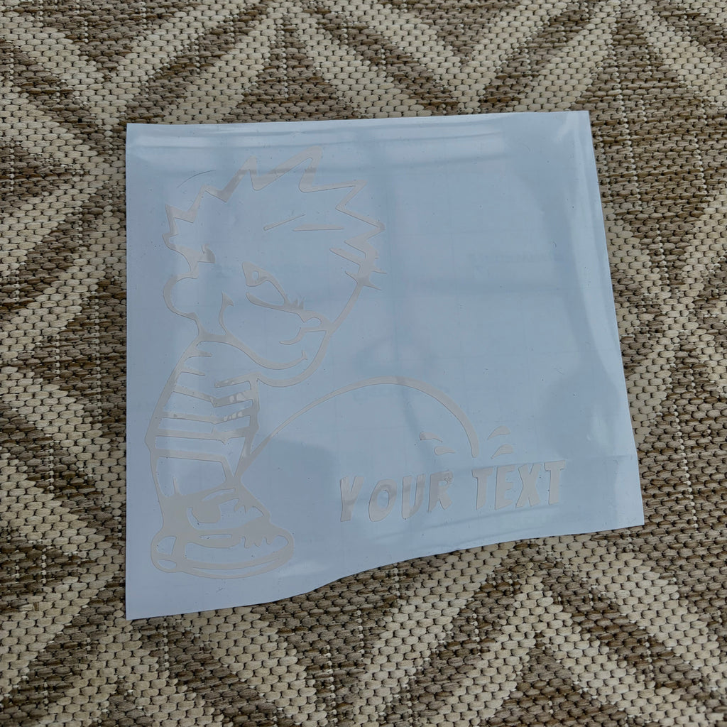 Window Sticker Small Peeing Calvin with Custom Text (ADD TEXT TO NOTES)