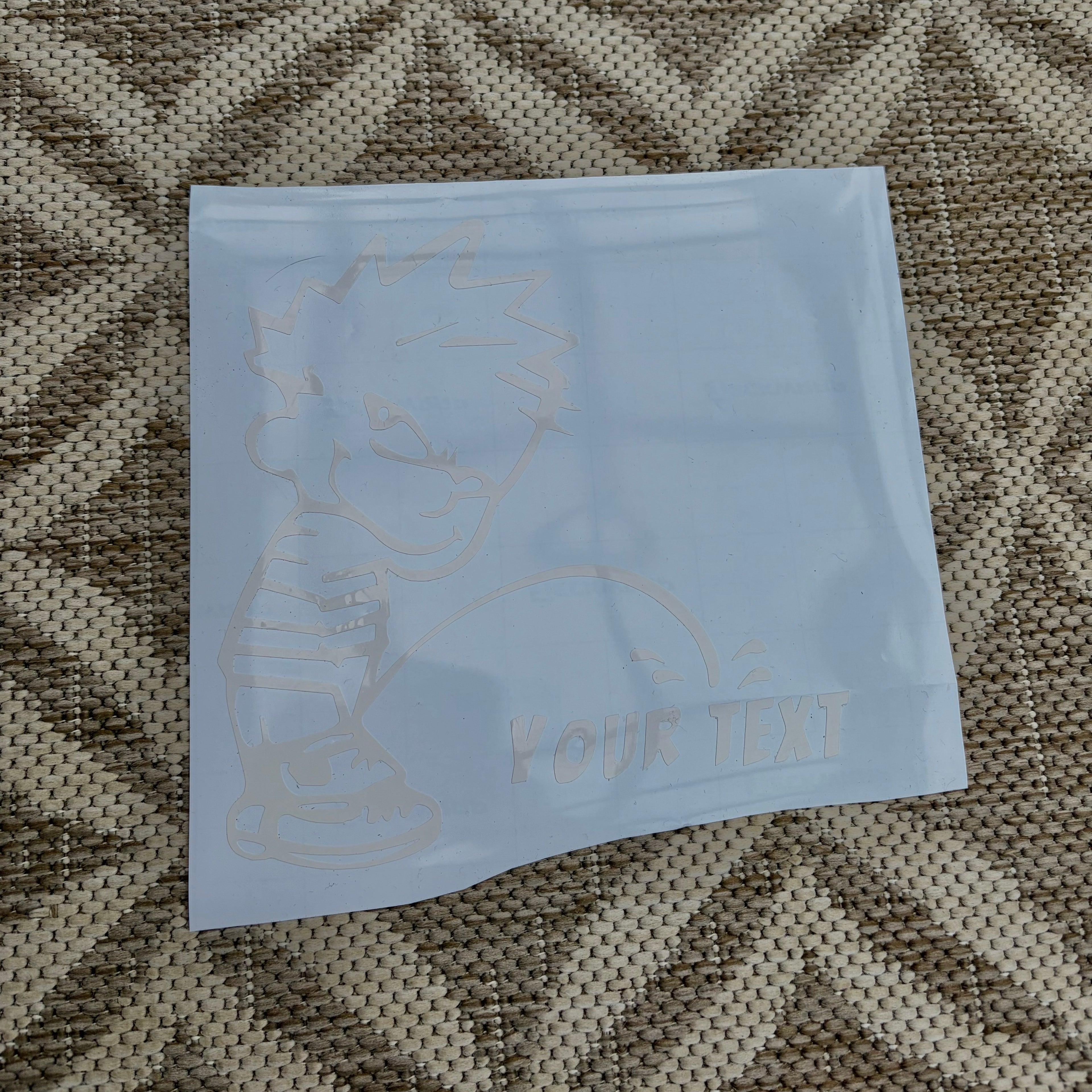 Window Sticker Small Peeing Calvin with Custom Text (ADD TEXT TO NOTES)
